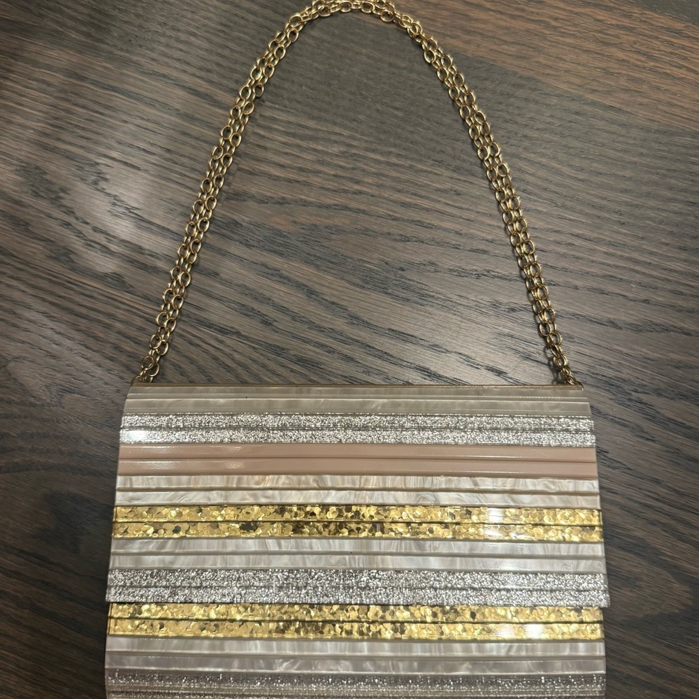 Gold-Accent Stripe Evening Bag - Women's Shoulder Clutch - Picture 8 of 8